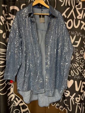 Denim Sequined Blue Button-Front Shirt Jacket